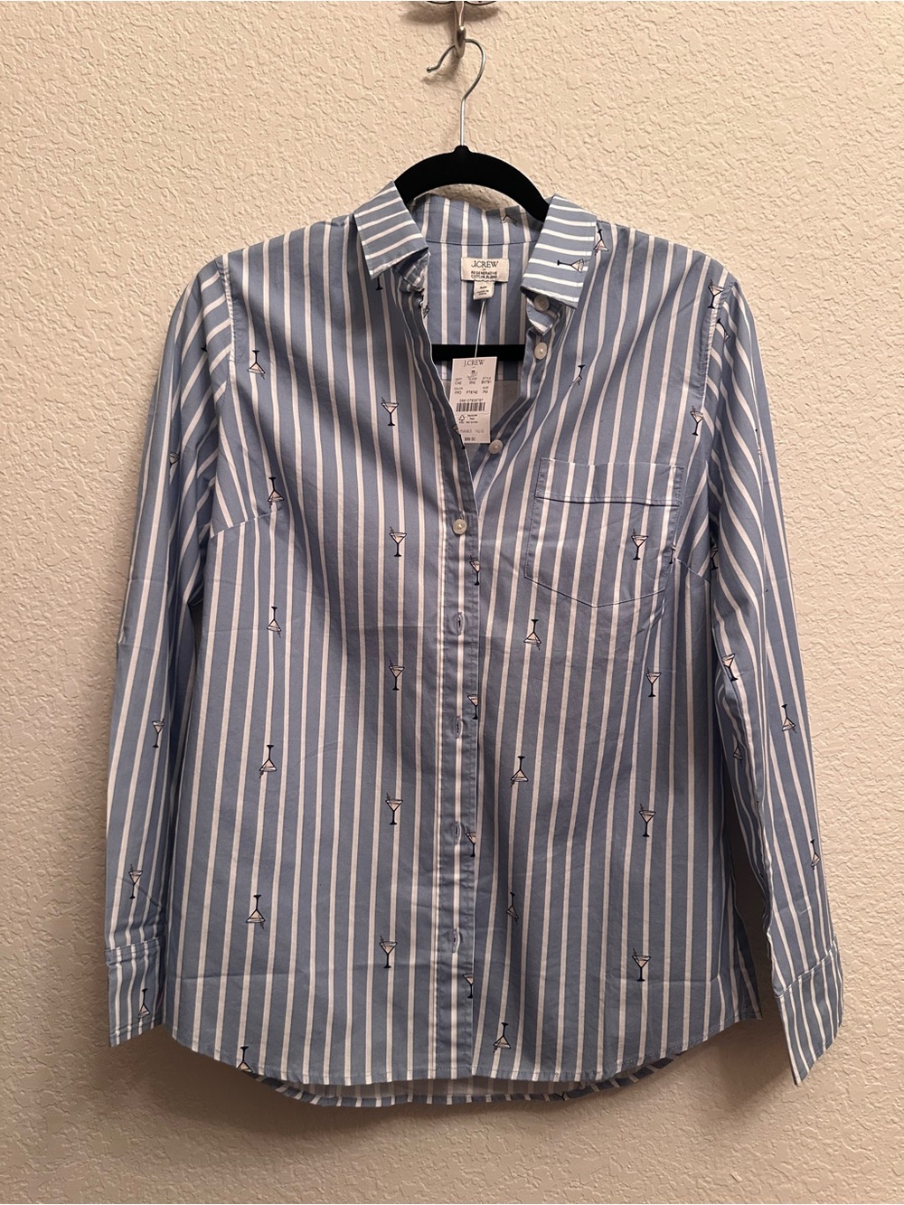 J. Crew Light Blue and White Striped Button-Down Shirt with Embroidered Motif